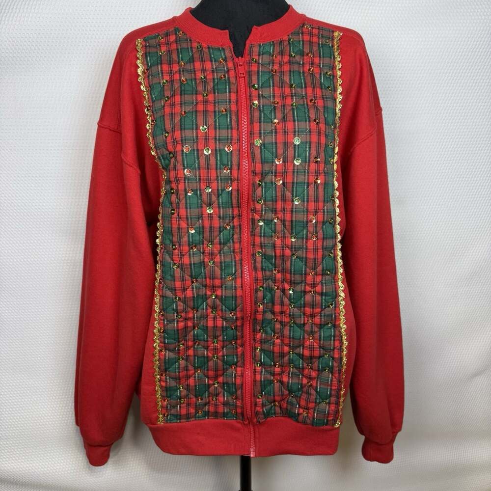Vintage Christmas Embellished Appliquéd Jerzees Sweatshirt  Zip Cardigan Large